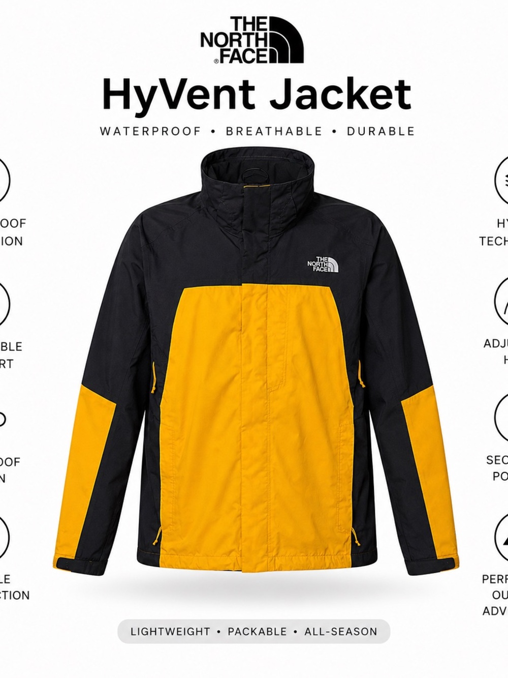 The North Face HyVent Jacket Men’s L Yellow Black Waterproof Rain Shell Gorpcore